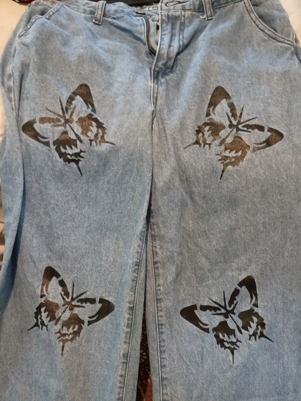 Light Blue Straight-Leg Women's Jeans with Black Butterfly Print